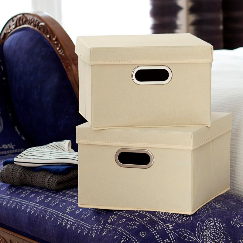Household Essentials Fabric Storage Boxes with Lids and Handles, Natural - Image 2
